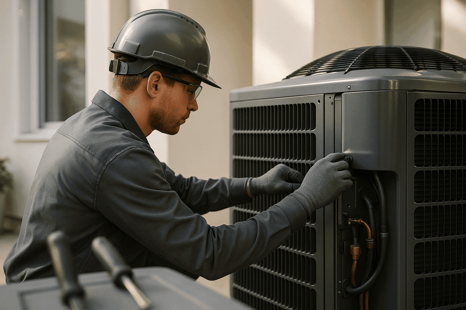 HVAC technician in safety gear working on modern HVAC unit in clean residential or commercial space