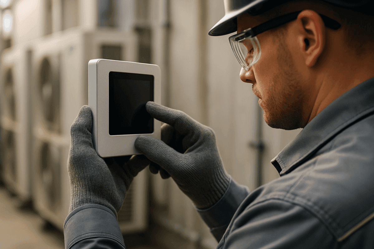 Close-up of gloved hands adjusting thermostat in organized mechanical room with HVAC equipment
