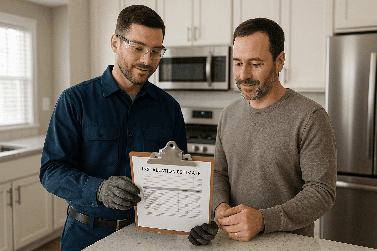 Técnico revisando el presupuesto de instalación de aire acondicionado y calefacción con el propietario