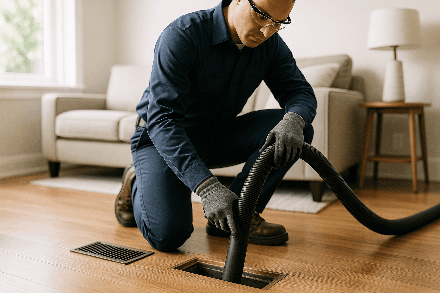Technician using vacuum to clean residential air duct vent
