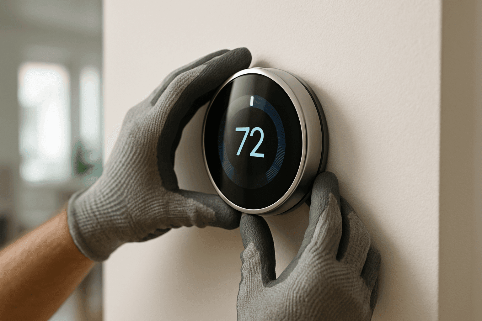 Close-up of smart thermostat being installed by technician in modern home