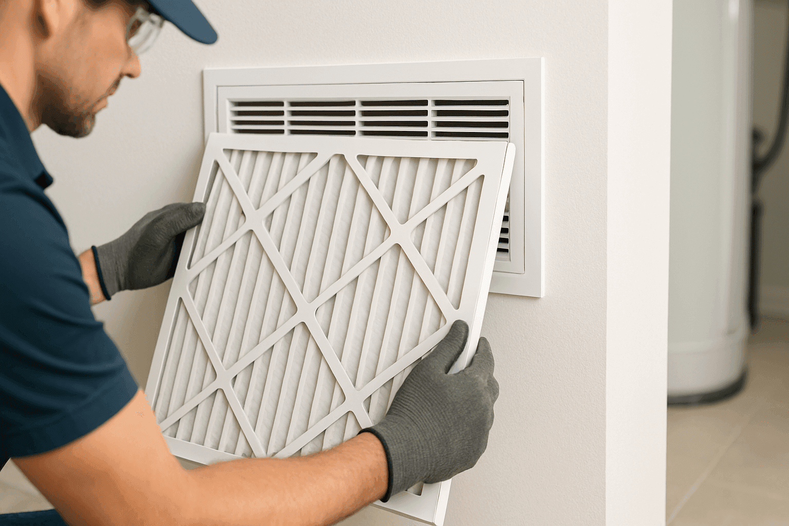 Técnico reemplazando un filtro de aire HVAC sucio en un sistema residencial