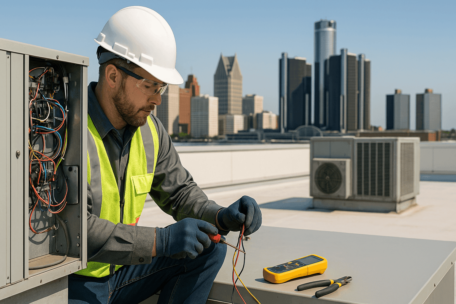 Técnico dando servicio a una unidad HVAC en la azotea de un edificio comercial