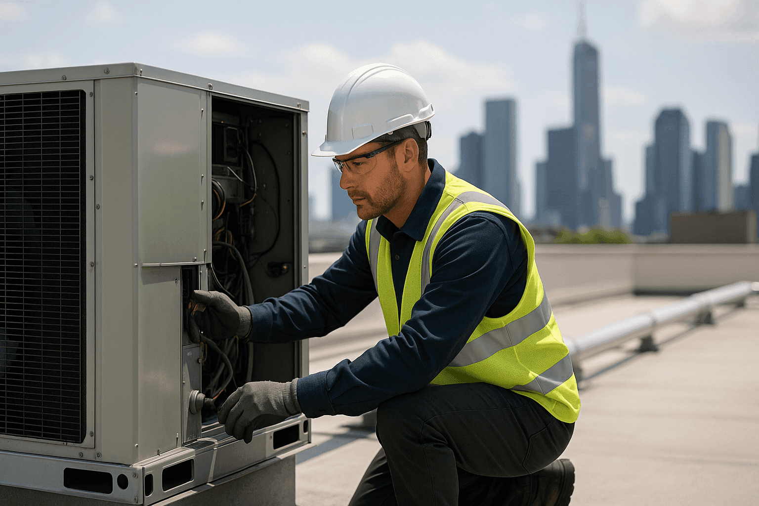 Technician servicing rooftop commercial HVAC unit