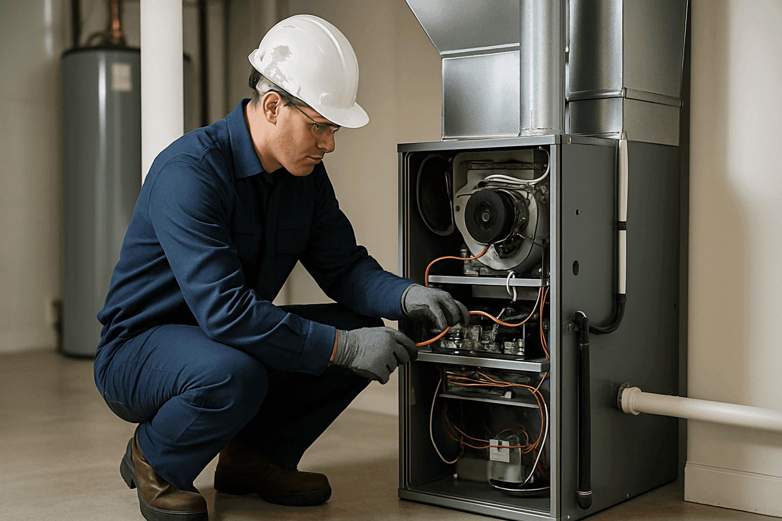 HVAC technician with PPE checking a furnace in a well-lit basement during an emergency call