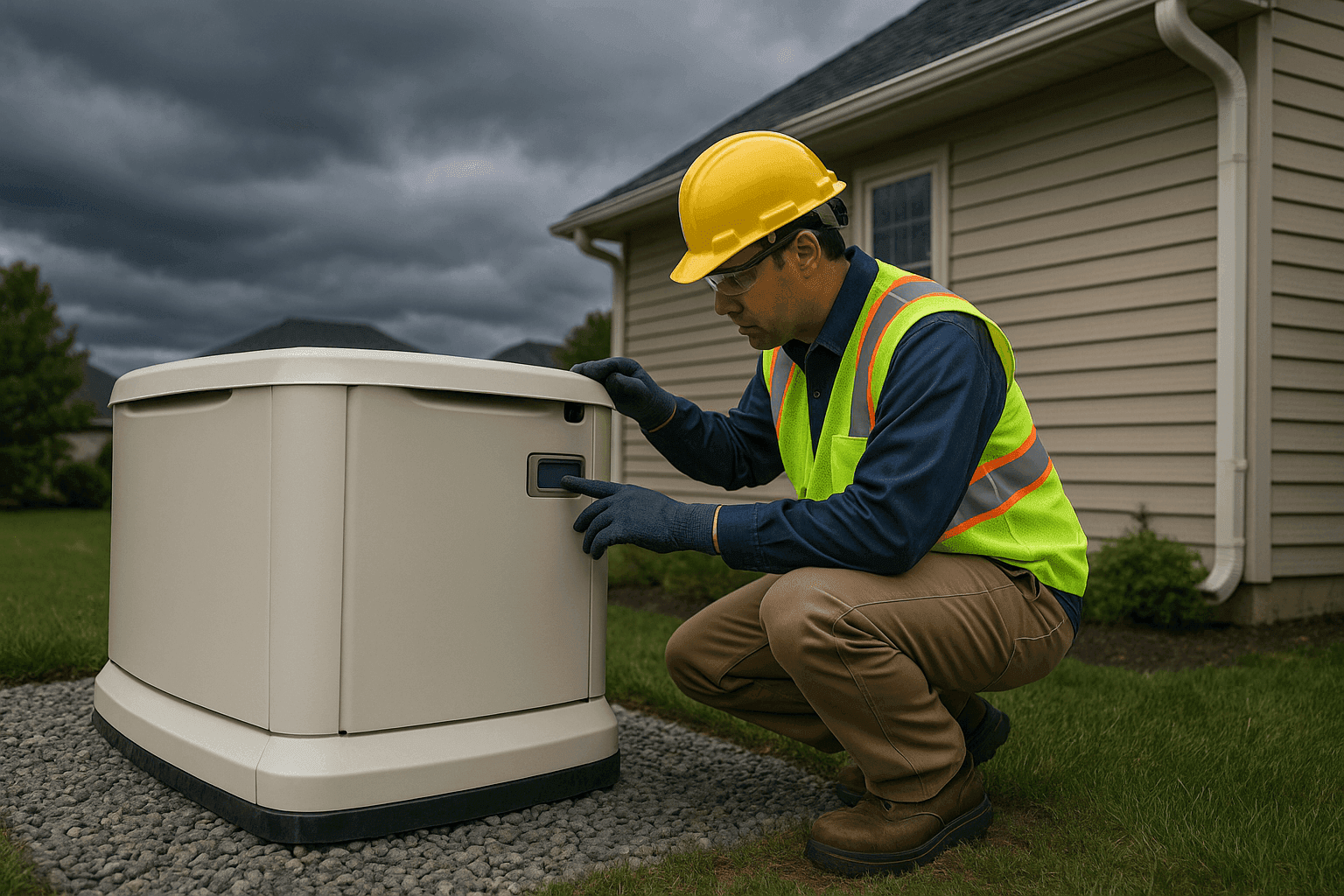 Técnico inspeccionando generador residencial junto a una casa antes de una tormenta
