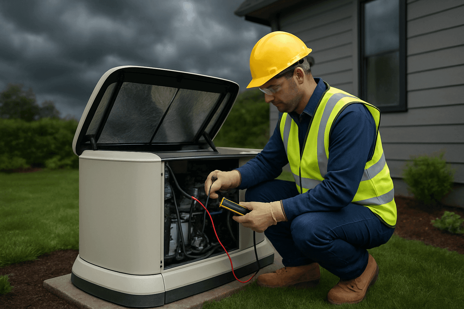 Technician servicing home standby generator before a storm