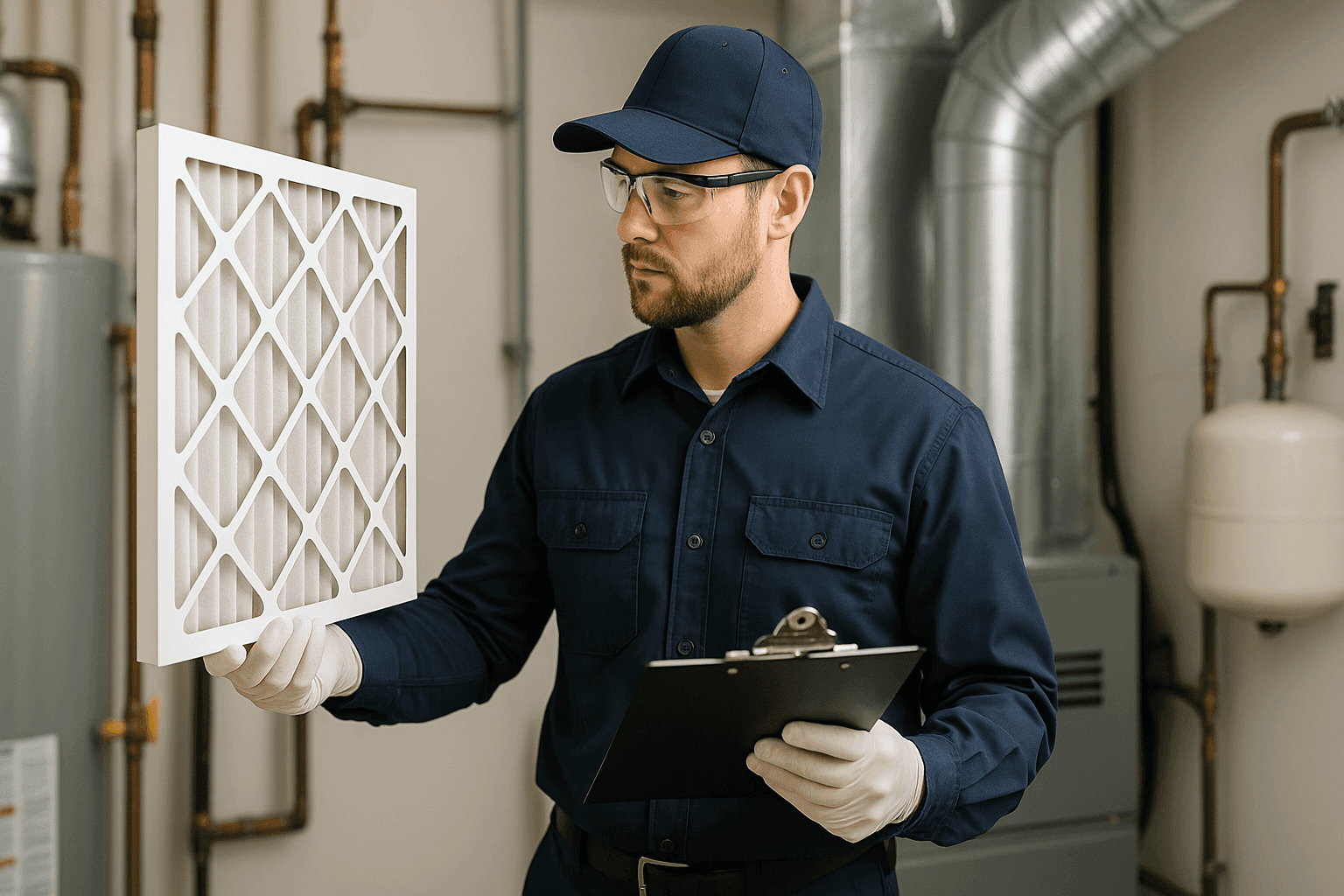 Primer plano de técnico inspeccionando filtro de aire HVAC y lista de verificación en portapapeles