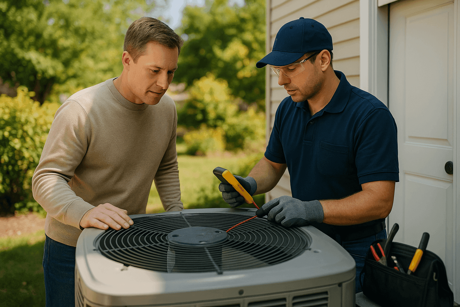 Technician and homeowner checking an outdoor HVAC system for seasonal maintenance