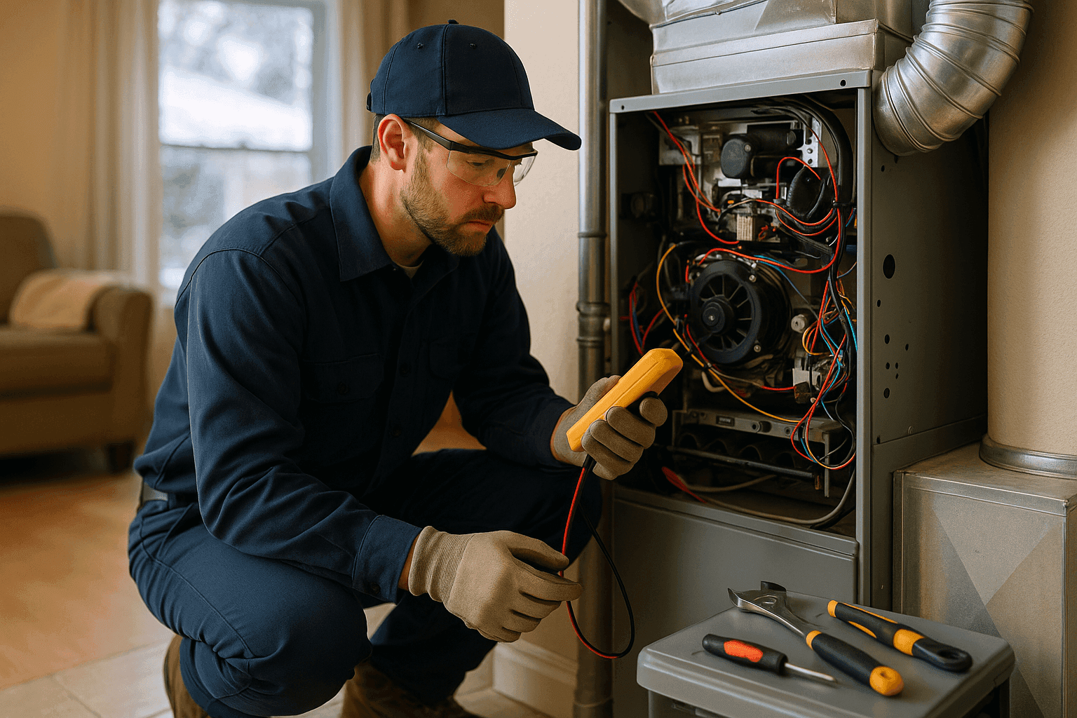 HVAC technician performing furnace maintenance in a home