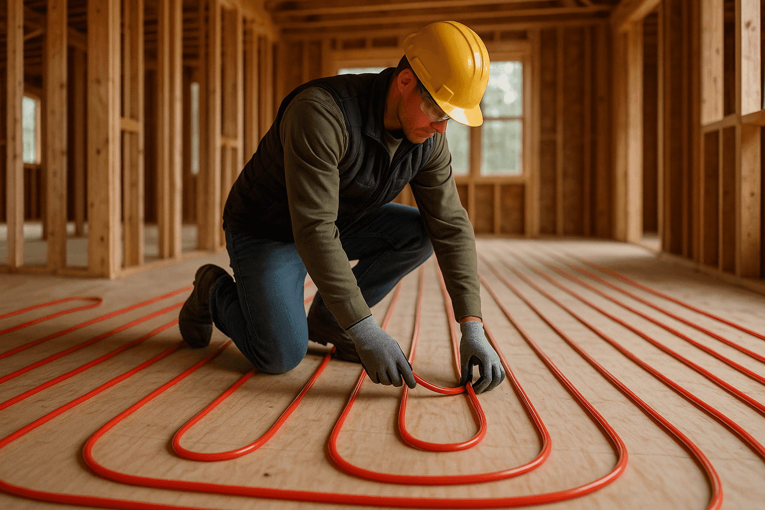 Radiant floor heating system installation in progress in new home construction