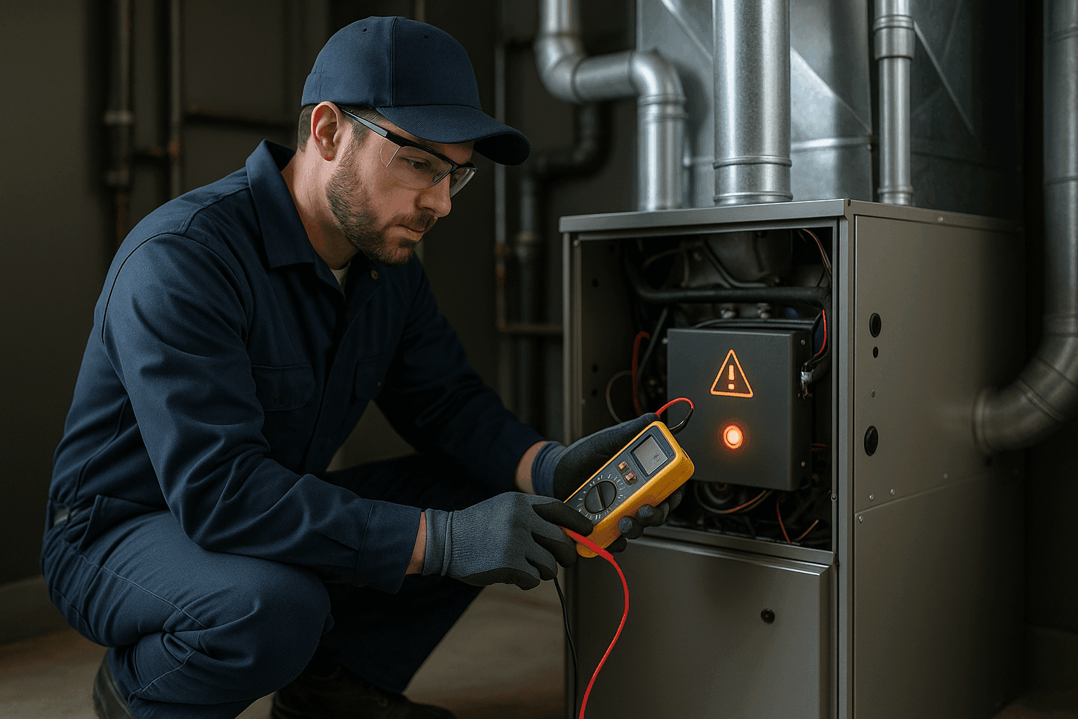 Technician inspecting malfunctioning furnace with diagnostic tools