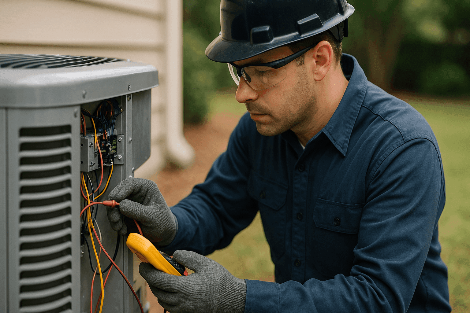 Close-up of technician inspecting residential AC unit control panel