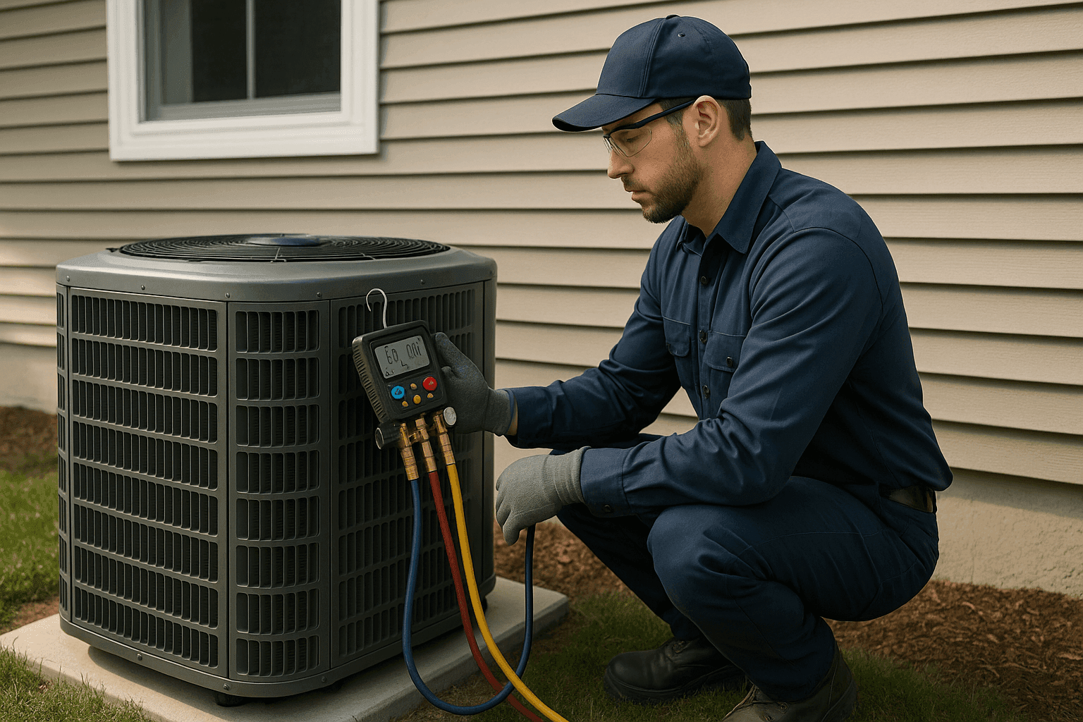 Técnico revisando una unidad de aire acondicionado residencial con manómetros digitales al aire libre