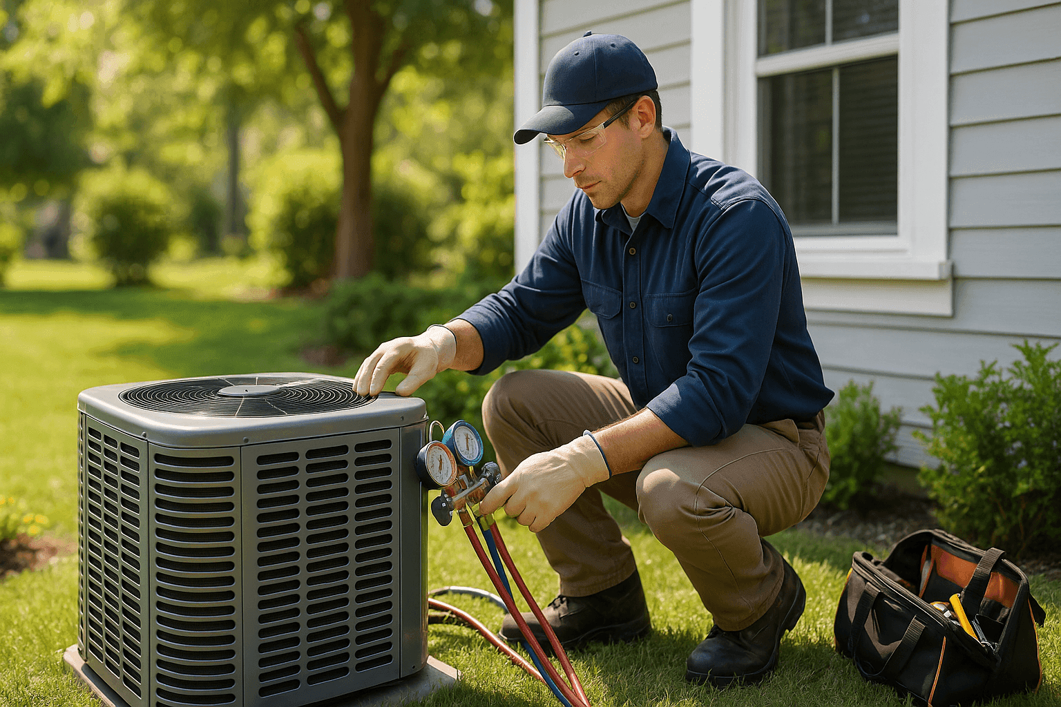 HVAC technician checking outdoor AC unit in bright spring daylight