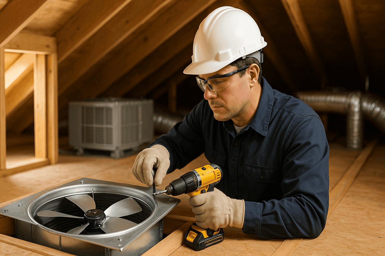 Technician installing a whole-house fan in residential attic with AC unit in background
