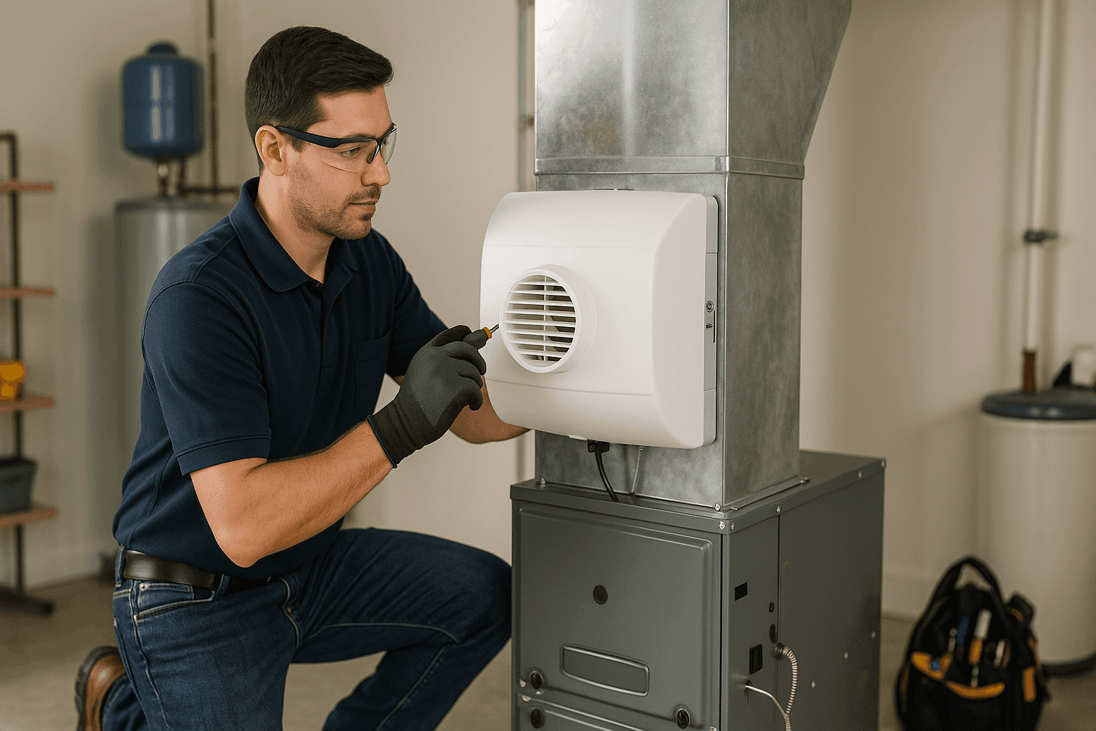 Técnico instalando un humidificador para toda la casa en un conducto de calefacción